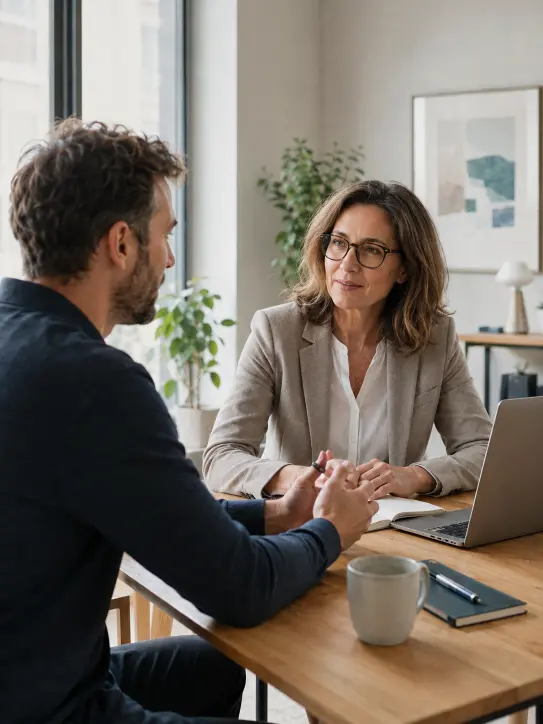 Coachin und Teilnehmer im persönlichen Gespräch beim Jobcoaching