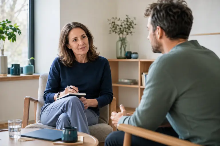 Ruhiges Zweiergespräch im Lifecoaching an einem hellen Tisch